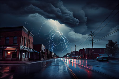 dramtic thunderstorm, with lightning illuminating the sky and raindrops falling on deserted street, created with generative aiの素材