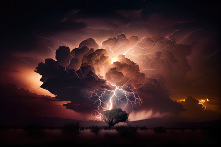 dramatic thunderstorm with lightning strike, illuminating the night sky, created with generative aiの素材