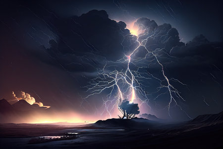 nighttime thunderstorm, with lightning illuminating the sky and raindrops hitting the ground, created with generative aiの素材