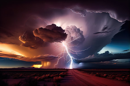 dramatic thunderstorm, with lightning bolts striking down on the horizon, created with generative aiの素材