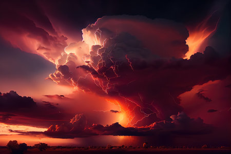 dramatic thunderstorm at sunset, with the sky awash in warm colors, created with generative aiの素材