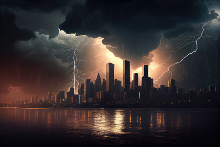 dramatic thunderstorm over sunlit city skyline, created with generative aiの素材