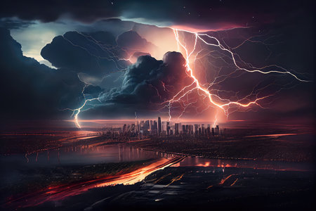 dramatic thunderstorm over city, with lightning flashes and rain pouring down, created with generative ai