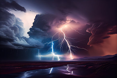 dramatic thunderstorm with lightning bolts striking the earth and rain pouring down, created with generative aiの素材