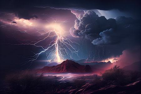 dramatic thunderstorm with lightning bolts striking the earth and rain pouring down, created with generative aiの素材