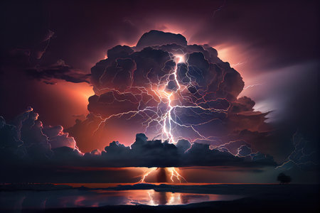 dramatic thunderstorm over city skyline with lightning flashes and clouds, created with generative aiの素材