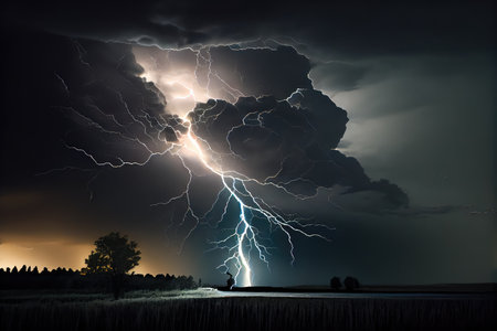 dramatic thunderstorm with lightning strikes illuminating dark sky, created with generative aiの素材