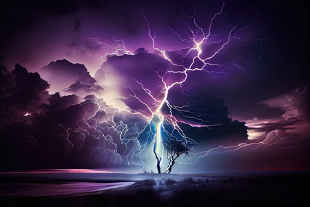 dramatic thunderstorm with lightning bolts striking and illuminating the night sky, created with generative aiの素材
