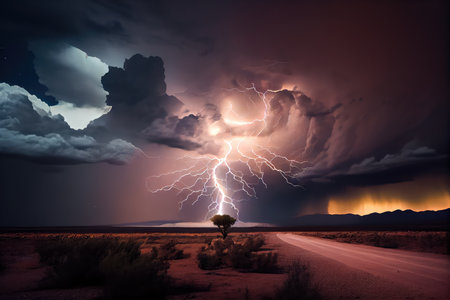 dramatic thunderstorm with lightning bolts striking the ground in the distance, created with generative aiの素材