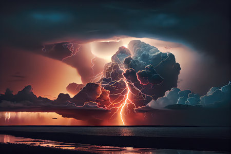 dramatic thunderstorm with lightning flashes, illuminating dark storm clouds, created with generative aiの素材
