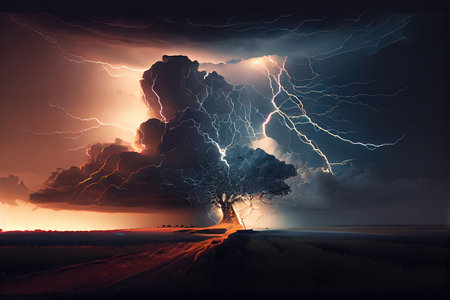 dramatic thunderstorm with lightning strike, illuminating the sky, created with generative aiの素材