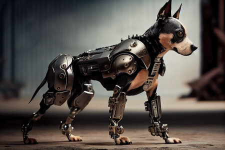 robo-dog hurt in battle, with missing and damaged limbs replaced with sleek metal ones, created with generative aiの素材