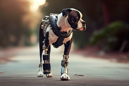 dog hobbling on robotic leg after being hit by car, created with generative aiの素材