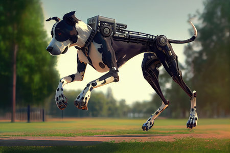 dog with robotic leg running and jumping on park playground, created with generative aiの素材