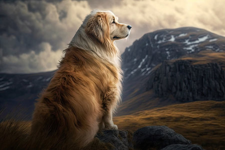 majestic dog, its fur ruffled by the wind, surveying mountain range from mountaintop, created with generative aiの素材