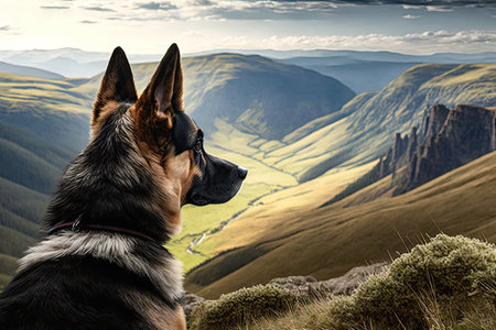 dog, looking out over vast mountain range, with view of rolling hills and valleys, created with generative aiの素材