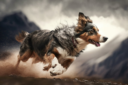 dog, running with full speed on the mountain peak, showing its strong and agile body, created with generative aiの素材