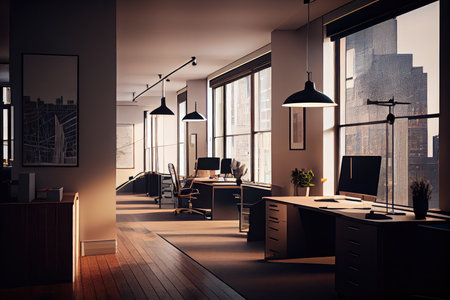 empty open space office with view of busy city street, showcasing the hustle and bustle of a modern workplace, created with generative aiの素材