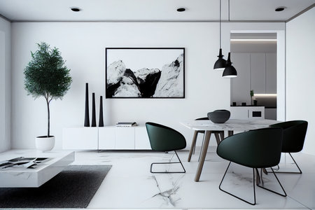trendy, minimalist open space with sleek furniture and clean lines, created with generative aiの素材