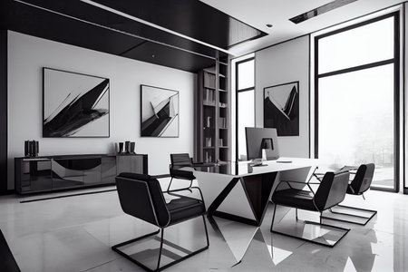 modern open-space office with sleek furniture and minimalist design, created with generative aiの素材