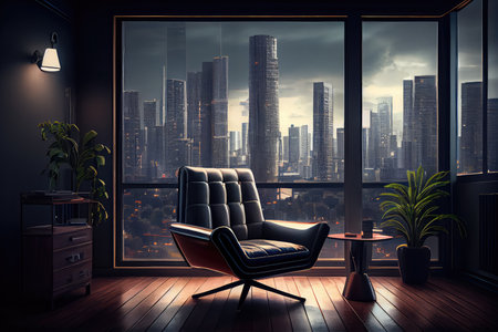 comfortable armchair in empty open space office, with view of the city skyline and bustling streets, created with generative aiの素材