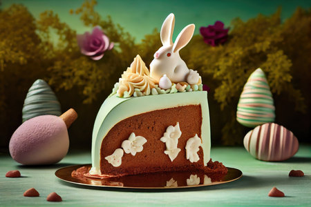 piece of festive easter cake with bunny ears and decoration, created with generative aiの素材