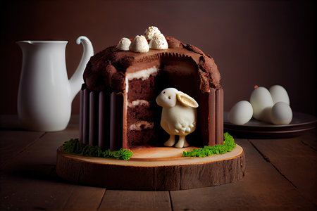 delicious chocolate easter lamb cake in section on table, created with generative aiの素材