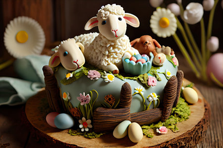 decorated with toys and figures holiday easter lamb cake, created with generative aiの素材