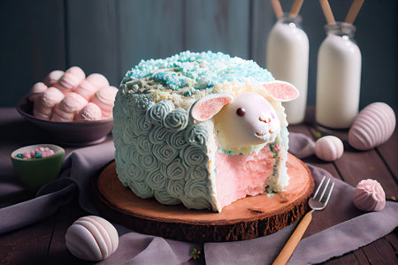 sweet dessert in form of pastel easter lamb cake on table, created with generative aiの素材