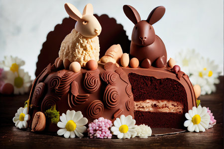 festive easter holiday with beautiful festive decorations in form of chocolate rabbits and easter lamb cake, created with generative aiの素材