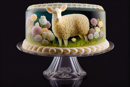 delicate decorated easter lamb cake on transparent stand, created with generative aiの素材