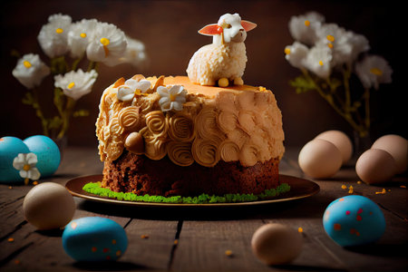sweet delicious easter lamb cake with cream and caramel on table, created with generative aiの素材
