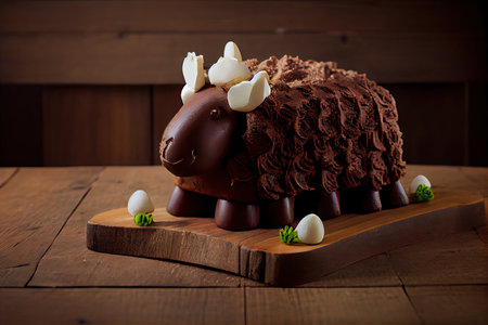 three-dimensional chocolate easter lamb cake on wooden board, created with generative aiの素材