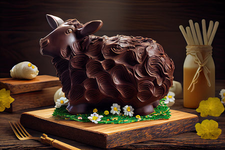 three-dimensional chocolate easter lamb cake on wooden board, created with generative aiの素材