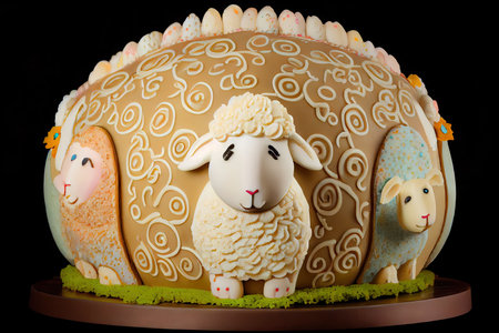 beautiful large easter lamb cake with faces of people and decoration in egg colors, created with generative aiの素材