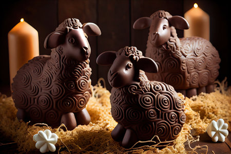 chocolate pastry figures for holiday in shape of easter lamb cake, created with generative aiの素材
