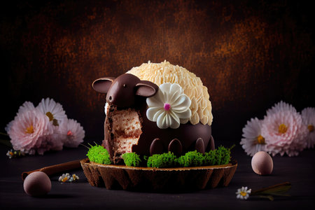delicate dessert in form of chocolate easter lamb cake on dark background, created with generative aiの素材
