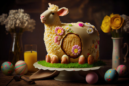 sweet delicious festive easter lamb cake on table, created with generative aiの素材