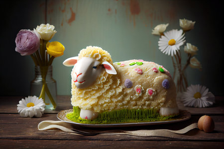 sweet delicious festive easter lamb cake on table, created with generative aiの素材