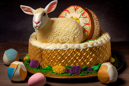 appetizing golden easter lamb cake surrounded by multi-coloredbaskets with eggs, created with generative aiの素材
