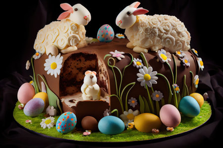 decorated with painted eggs, chocolate and jelly figures easter lamb cake, created with generative aiの素材
