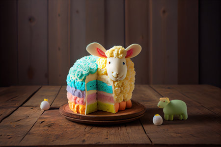bright pastel confectionery easter lamb cake on wooden table, created with generative aiの素材