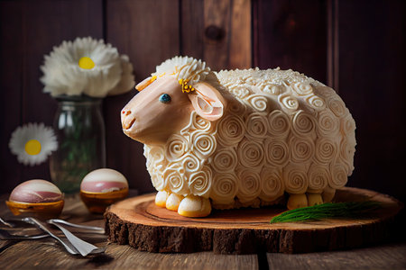 beautiful festive easter cake in form of lamb on wooden background, created with generative aiの素材