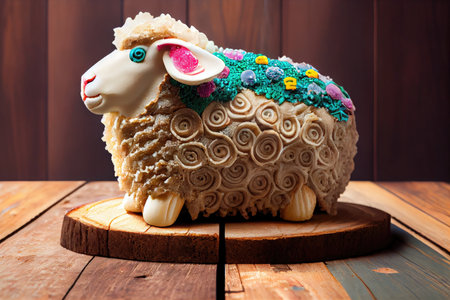 beautiful festive easter cake in form of lamb on wooden background, created with generative aiの素材