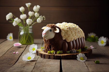 beautiful festive easter cake in form of lamb on wooden background, created with generative aiの素材