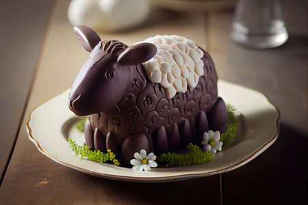 creamy chocolate easter lamb cake with white glaze on plate, created with generative aiの素材