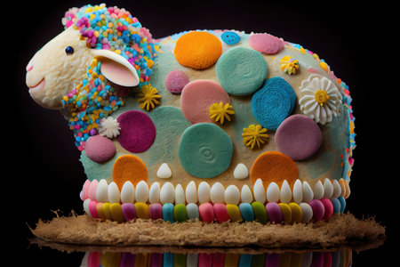 easter lamb cake with multi-colored decoration for holiday, created with generative aiの素材