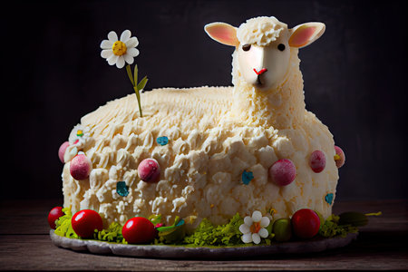 easter lamb cake with snow-white fluffy whipped cream and cherry decorations, created with generative aiの素材