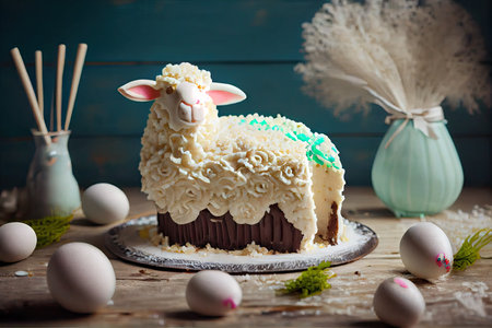 decoration of delicious homemade easter lamb cake with icing and white coconut flakes, created with generative aiの素材