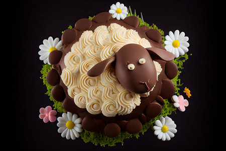 top view of chocolate easter lamb cake decorated in traditional style, created with generative aiの素材